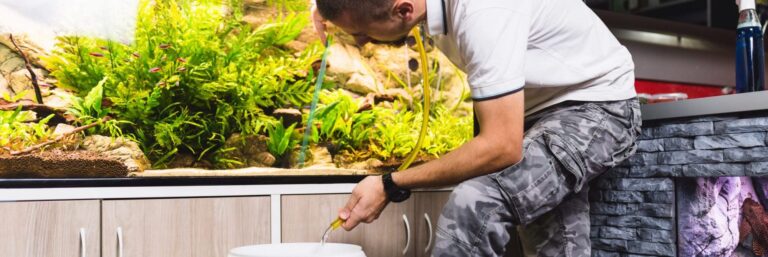 Young man changing water in aquarium using siphon