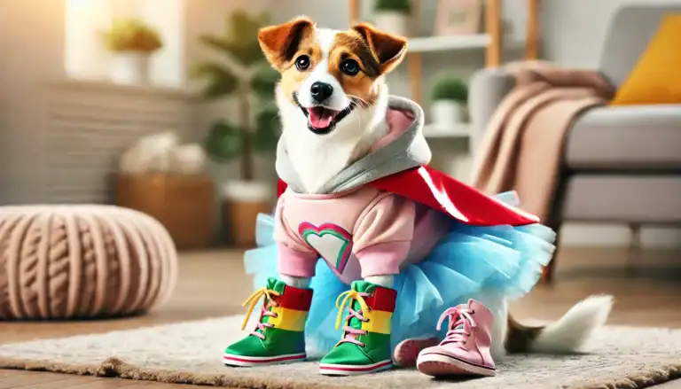 a cute dog dressed in a costume and boots