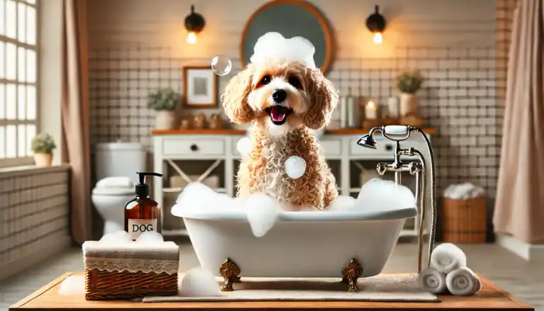 a dog enjoying a bubble bath