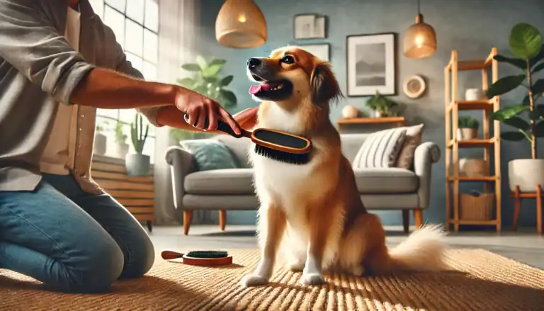 a dog enjoying being brushed by its human in a cozy living room
