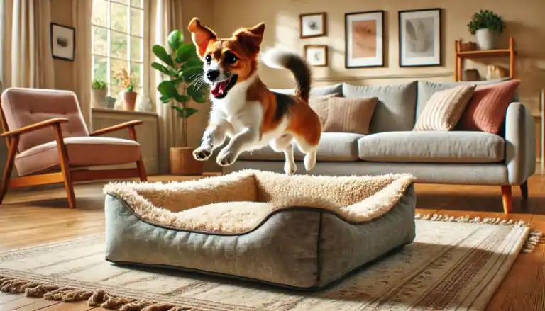 a dog joyfully jumping onto its comfortable bed