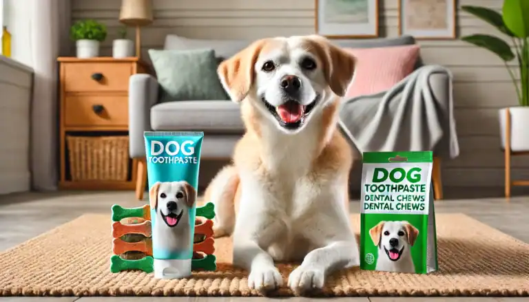 a dog with a tube of dog toothpaste and dental chews
