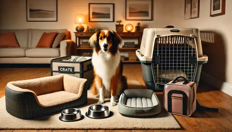 a dog with its essential items like a crate, an orthopedic bed, a dog bowl, and a car seat
