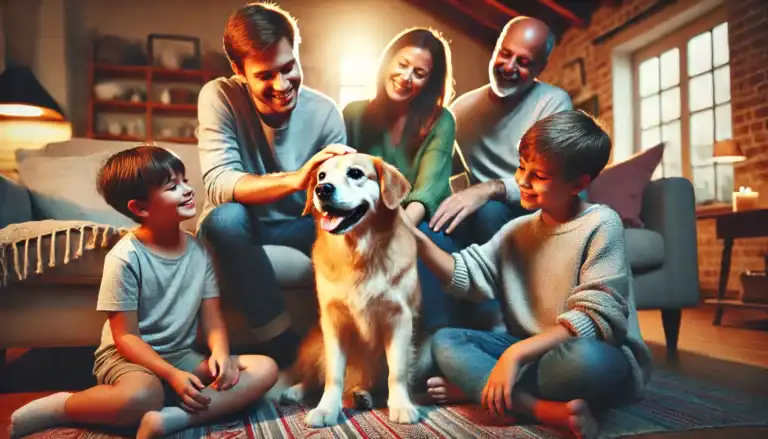 a loving family petting their cherished dog