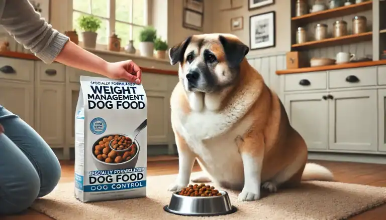 an overweight dog being lovingly fed weight management dog food by its human in a cozy kitchen